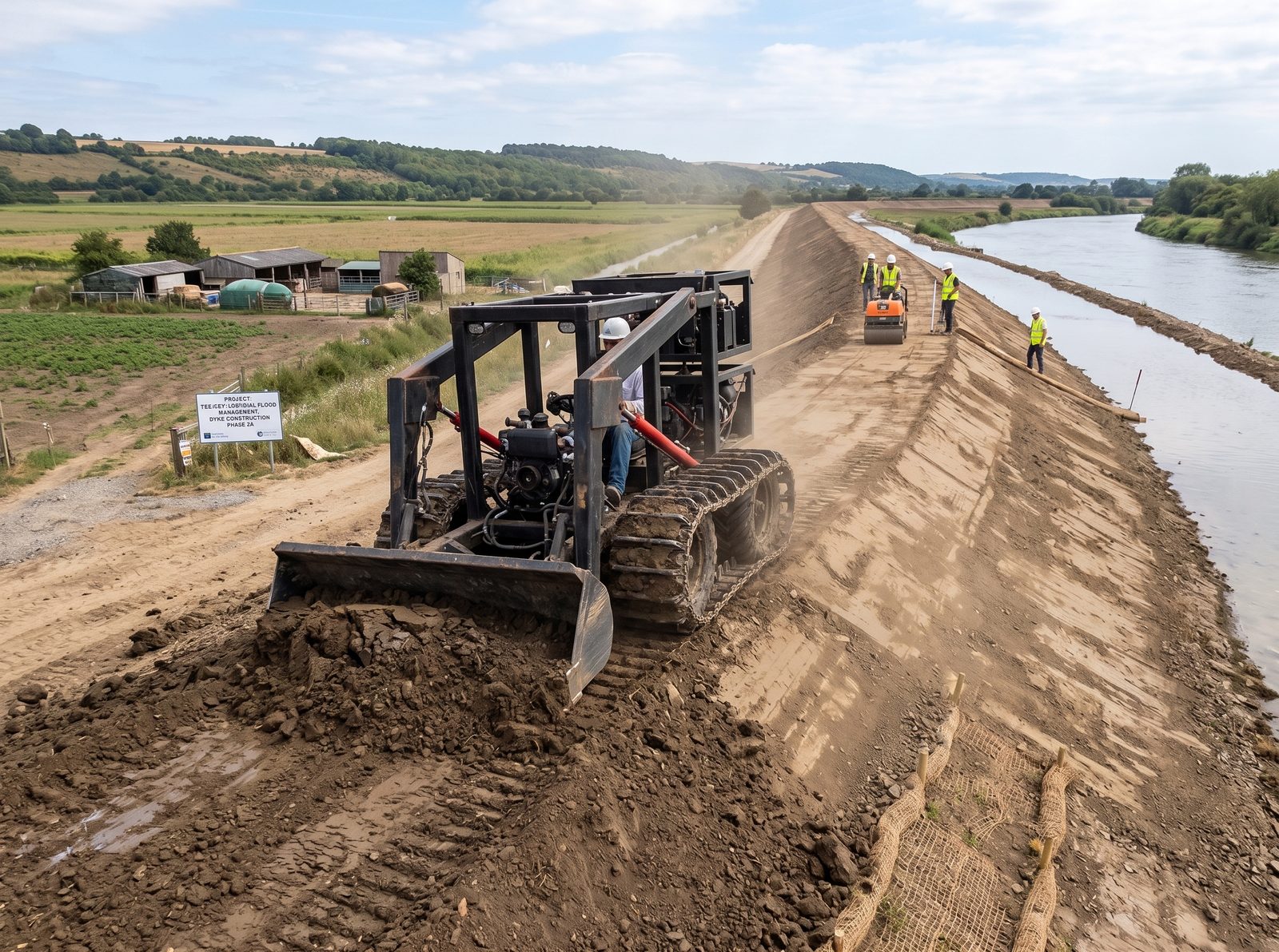 LifeTrac with dozer bucket building a flood-management dyke