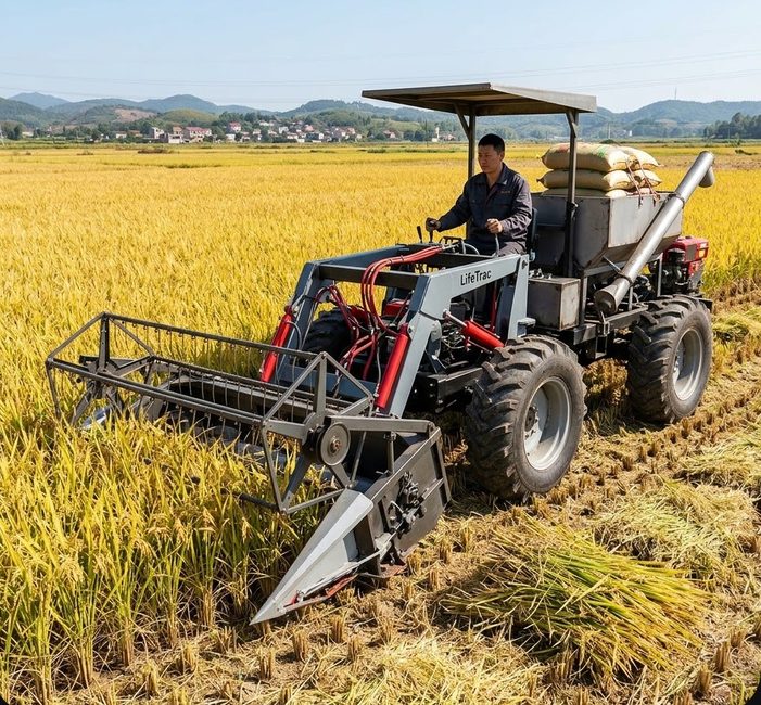 LifeTrac with combine header in ripe rice