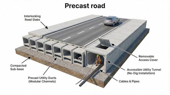 Precast interlocking road slabs with removable access cover