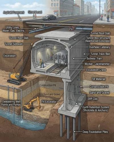 Utility tunnel cross section: water, gas, electric in reinforced concrete